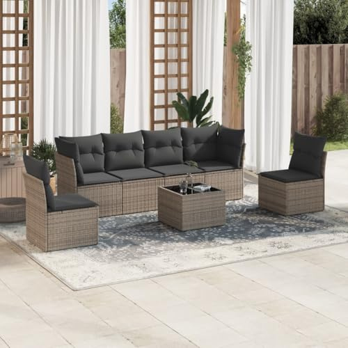 QJBSAVVA 7-teiliges Grau Gartenmöbel Set Poly Rattan Ecksofa mit 234 x 62 x 69 cm Stauraum Tischplatte aus Glas modular für Balkon Terrasse Garten Lounge Outdoor Sitzgruppe