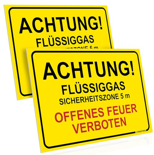 PRINTIMA 2x Schild ACHTUNG! FLÜSSIGGAS SICHERHEITSZONE 5 m – OFFENES FEUER VERBOTEN 32x21 cm – wetterfeste PVC-Warnschilder inkl. Befestigungsmaterial
