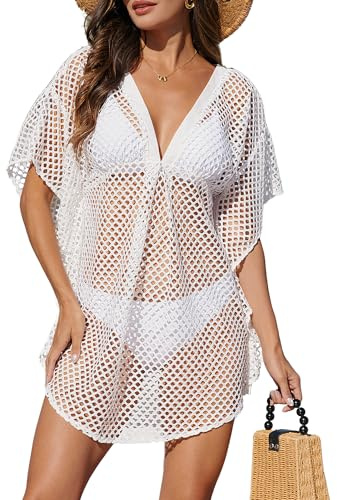Bsubseach Swimsuit Coverup for Women 2026 Crochet Beach Cover Ups Batwing Sleeve Mesh Kaftan Dress Summer Vacation Outfits White M