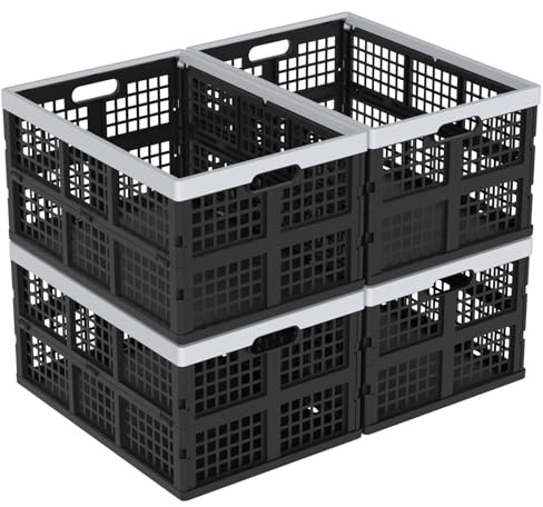 Wekioger 42 L Plastic Collapsible Storage Crates, Stacking Folding Crate, 4 Packs