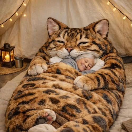 Sac de couchage en forme de chat pour adultes, 170 cm, lavable et chaud en peluche pour homme, adorable chat, couverture chaude en forme d'animal mignon, pour le camping, la maison, la détente