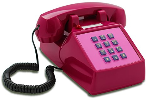 Opis PushMeFon Cable: EIN Retro Festnetztelefon mit Tastenblock, ideal als altes Telefon für stilvolle Dekoration in violett&pink