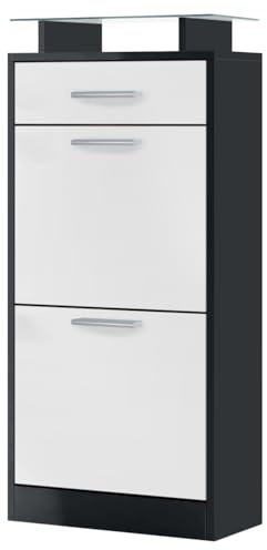 Vladon Schuhschrank Loret V2, Schuhkipper für 8 Paar Schuhe mit 2 Klappen, 1 Schublade und Glasablage, Schwarz matt/Weiß matt (46 x 104 x 23 cm)
