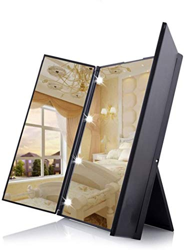 Dproptel Unique Tri-Fold Cosmetic Makeup Mirror Travel Compact Pocket Make Up Mirror with 8 LED Lights Battery Included - Black