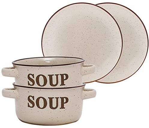 Dibor Set of 2 Beige Stoneware Ceramic Soup Bowl and Bread Plates | Dishwasher Safe, Microwave Safe, Carrying Handles, Speckled Finish, Edge Details, Rustic Tableware, Crockery