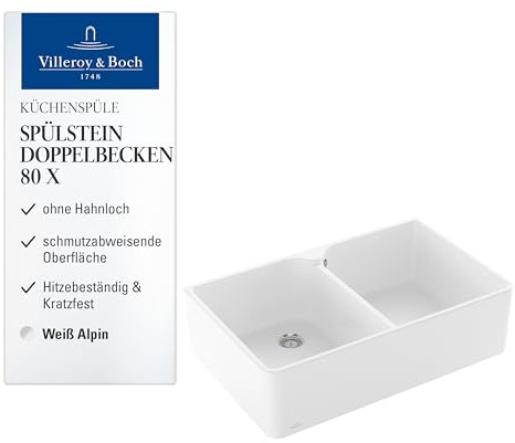 Villeroy & Boch Spülstein Doppelbecken 80 X Küchenspüle, Spülbecken ohne Hahnloch, Spüle aus Keramik inkl. Ablaufgarnitur mit Handbetätigung, 795 x 500 mm – Weiß Alpin