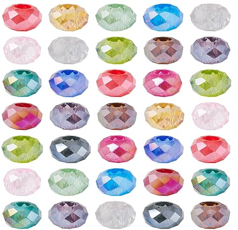 PandaHall 100pcs Faceted Murano Lampwork Glass Beads 14x8mm Large Hole European Glass Beads Mixed Color for Jewelry Making