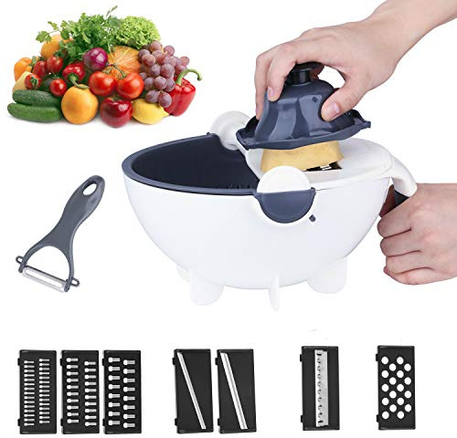 Kennifer Cortador de verduras 11 en 1, cortador de verduras multifunción con cesta de drenaje, mandolina ajustable, cortador de queso, verduras y juliana, rallador de queso con pelador de frutas