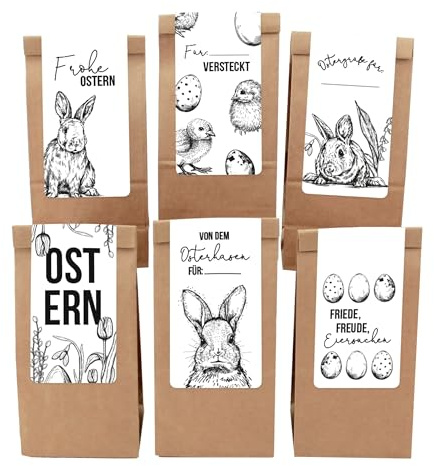 Papierdrachen 12 Ostertüten mit rechteckigen Aufklebern - Motiv Schwarz-weiß - für Kinder und Erwachsene - Alternatives Osternest zum Befüllen - Set 22