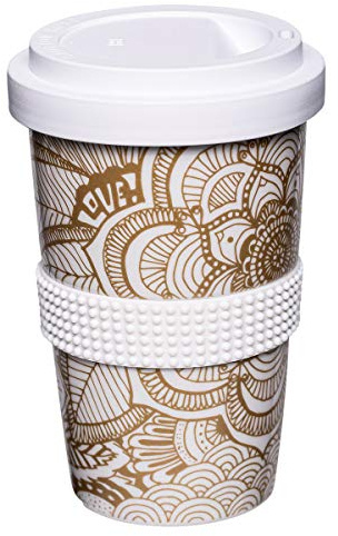 Mahlwerck Kaffeebecher to go, Porzellan Coffee-to-go Becher mit auslaufsicherem Deckel, Boho Motiv in Gold-Weiß, 400 ml