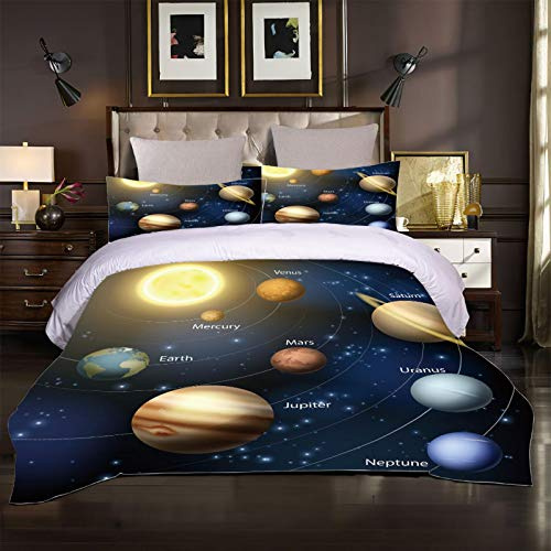 INYTJX Bettwäsche Set 135X200 Modern 3 Teilig Planet Sonnensystem 100% Weiche Und Angenehme Mikrofaser Schlafkomfort - 1 Bettbezüge 135X200Cm Mit Reißverschluss + 2 Kissenbezüge 80X80Cm