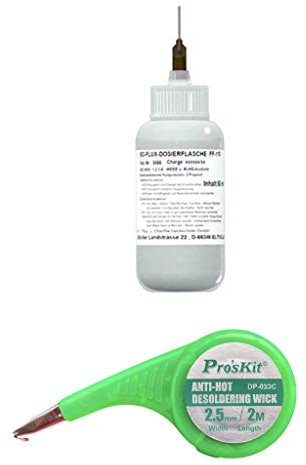 EO SMD-Lötset (1 x EO-Flux-Dosierflasche FF-110, 50 ml No-clean Elektronik-Flussmittel mit 5,8% Feststoff + 1 x Entlötlitze auf Abroller 2,5 mm - Hohe Saugfähigkeit)