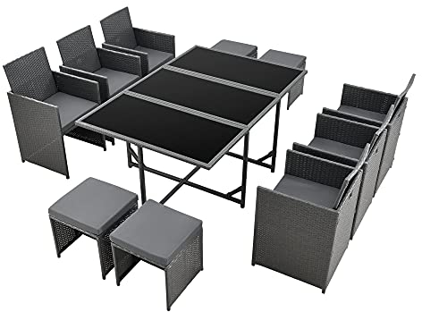 Matgrupp till Trädgården Utomhus Trädgårdsgrupp Loungegrupp Sittgrupp Plats för 8 Konstrotting 1 Bord (73x169x110,5cm) 6 Fåtöljer 4 Pallar med Dynor Väderbeständig Pulverlackerat Stål Härdat Glas Mörkgrå