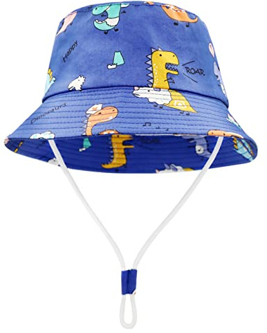 FenFang Chapeau de Soleil Enfant, Casquette de Plage Bebe Chapeau de Pêcheur Garçon Fille, Chapeau Bob Bord Large UV Protection, Chapeaux de Seau Dinosaure Été 1 2 3 4-8 Ans (Bleu, 1-2 Ans)