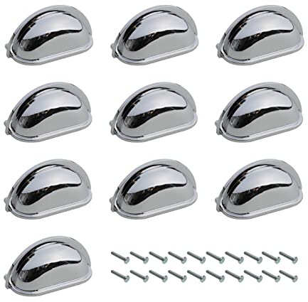 Harmac House® - Lot de 10 Poignées de Meuble, Poignées de Placard Chromées en Forme de Coquille - Espacement des Vis de 76 mm - Pour Armoire de Cuisine, Commode de Chambre à Coucher, Salle de Bain
