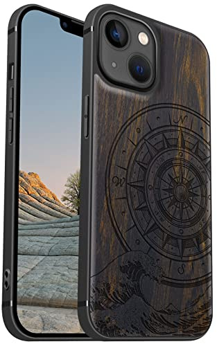 Carveit Coque en Bois pour iPhone 13, (Sombre-Boussole Vagues) | Magnétique Protection Coque de Téléphone Antichoc Bumper TPU Compatible Magsafe pour iPhone 13 Étui Bois