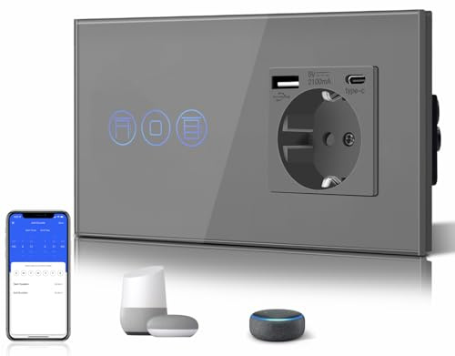 BSEED WiFi Smart Alexa Rollenschalter + 3 in 1 Steckdose mit 2.1 A USB Ladeleistung mit Type C Adapter，Google Home Tuya Kompatibel, Glas Jalousien Schalter (Neutralleiter Benötigt) Grau