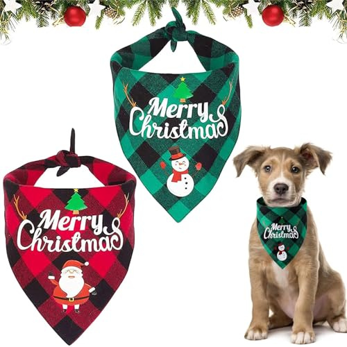 Lot de 2 bandanas de Noël pour chien et chat - Foulard triangulaire à carreaux - Rouge et vert - Bandanas pour animaux de compagnie - Accessoire de costume pour animaux de compagnie (A)
