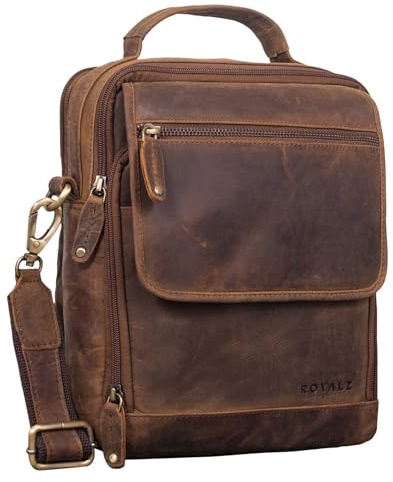 ROYALZ Tennessee Handliche Echtleder Herrentasche zum Umhängen - Kleine Leder-Tasche Herren Umhängetasche Männerhandtasche im Vintage Design für Tablet 11 Zoll;Farbe:Roma Cognac Braun