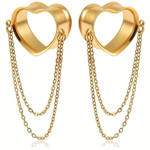 Vankula Ohr Tunnel mit anhänger Double Flared Flesh Plug Herz mit Kette Edelstahl für männer damen Ohrpiercing Gestreckte Schmuck 19mm(3/4) Gold
