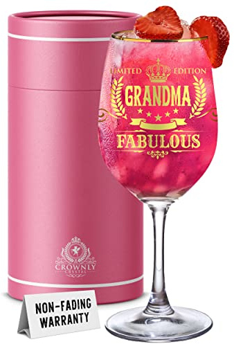 CROWNLY CRYSTAL® Gifts for Grandma Wine Glass Personalised Nanny Present Mothers Day Gift Ideas Womens Drinking Glasses Nan Birthday Presents from Grandchildren