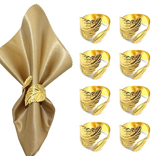 Lvjkes Napkin Rings, Table Napkin Holders Dining ring leaf mouth cloth silk scarf buckle, for Wedding Banquet Anniversary Party Birthday Festival Baptism Table Decoration(Gold/8 PCS)