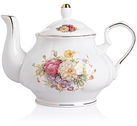 Sweejar Home Ceramic Teapot, 850ml Vintage Floral Gold Rim Design Porcelain Tea Pot, Flower Tea Loose Leaf Teapot, Coffee Pot, Women and Tea Lovers, 3-4 Cups (FlowerStyle)