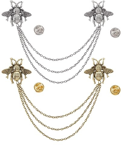 GOMAKERER 2 Stück Brosche Anstecknadel, Gemischte Farbe Vintage Doppel Biene Brosche Pin Hängende Kette Detaillierung Brosche Quaste Bluse Hemd Kragen Spitze Pin Für Frauen Und Männer
