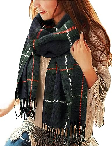 Tuopuda Damen Schal Kariert übergroßer Winter, Schal Quadratisch Deckenschal Karo Tartan Streifen Plaid Muster Fransen Warm XXL Oversized Herbstschal Geschenk für Mama, Grün, Einheitsgröße