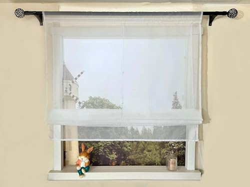 Devola Raffrollo Einfarbig Voile Raffgardinen Küchengardinen Transparent Bändchenrollo mit Tunnelzug Fertiggardinen Moder HxB 140x45cm Weiß 1 Stück