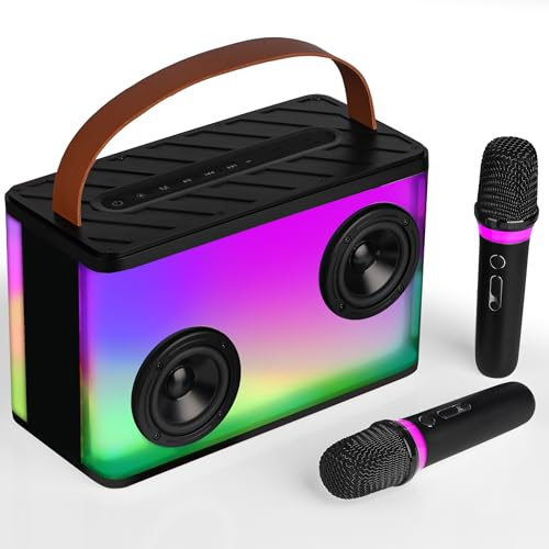 BONAOK Sistema de Karaoke con 2 Micrófonos, Micrófono Bluetooth con Altavoz, Máquina de Karaoke Portátil con Luces, Karaoke Adultos Altavoz Bluetooth Portátil Support TWS/TF/AUX/USB(Negro)