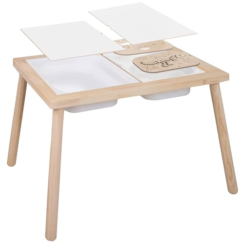 Cateam Kindertisch mit umkehrbarer Tischplatte, Spieltisch aus Kiefernholz mit 3 Faltbare Aufbewahrungsbehälter für Kinder ab 3 Jahren –Pädagogische Holzpuzzleeinsätze – Spielsand-Aktivitätstisch