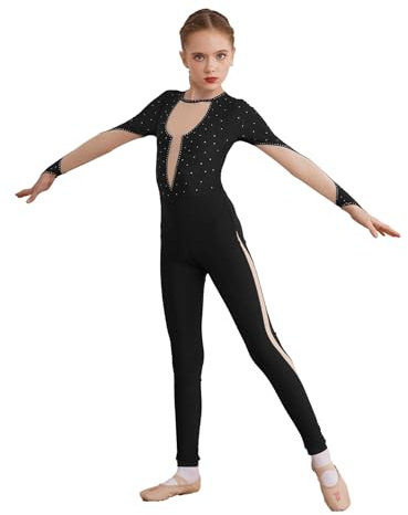iEFiEL Mädchen Turnanzug Langarm Ganzkörperanzug Patchwork Gymnastikanzug Ballettanzug Ballett Trikot Glitzer Tanzkostüm Schwarz 158-164