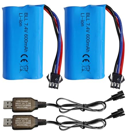 ZYGY 2PCS 7.4V 600mAh 2S Li-Ion Batterie mit SM-3P Stecker und USB Ladekabel für DE82 TK3086B G20601 RC Spielzeug Fernbedienung Auto TK-3082B Spezialeffekte Flipping Auto Batterie