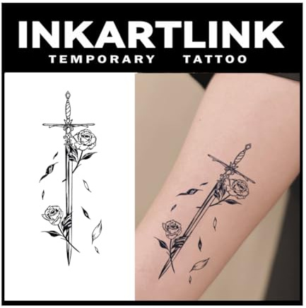 INKARTLINK Tattoo Tech, 2 Sheets Medium Semi Permanent Tattoo, Adult Art Design Temporary Tattoos, Lasts 1-2 Weeks, Waterproof, Realistic Look (Floral Language Series: Sword Design)