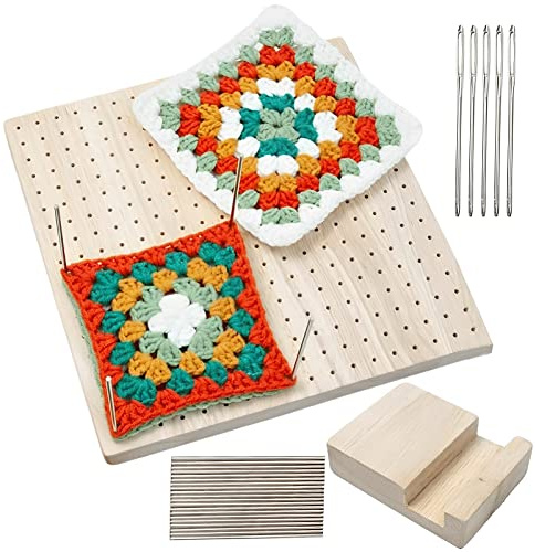 Handcrafted Wooden Blocking Board Häkeln Sperrbrett für Granny Square mit Halterung mit 20 Edelstahl-Stabstiften Und 5 Nadeln Häkelprojekte Wooden Blocking Board