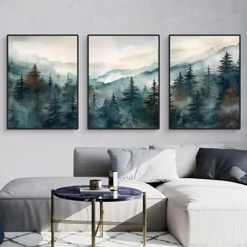 Juego de 3 pósteres, modernos cuadros verdes de paisaje bosque, cuadros en lienzo, decoración de pared para salón y dormitorio, sin marco (50 x 70 cm)