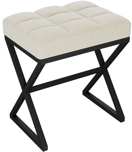 YMYNY Sminkpall, fotstödspall, fyrkantig ottoman bänk med X-formade metallben, sminkpall för sminkbord, vardagsrum, sovrum, entré, hallar 40 × 30 × 46 cm beige HBD033Y