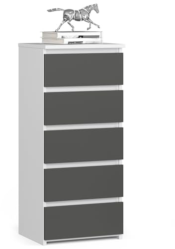Home Collective Kommode mit 5 Schubladen Kommode Schlafzimmer Flur Wohnzimmer Organizer Kommode mit Schubladen 40 cm breit 92 cm hoch | weiß-grau Highboard Sideboard Mehrzweckschrank Schrank schmal