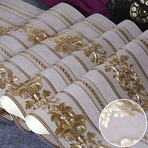 Crepundia Non-Woven Wallpaper Beige-Grey Luxury Glitter Gold Floral Damask Wallpaper Textured Yellow Vinyl Damask Stripe Wall Paper Roll Living Room Bedroom(Beige)