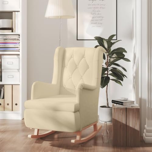 CINDERFUL Schaukelsessel mit Kautschukholz-Beinen Creme Stoff,Stylischer und bequemer Esszimmerstuhl mit Schaukelbeinen in Creme Möbel Wohnzimmer