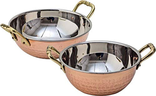 Aakrati Set di 2 ciotole da portata in rame martellato – Kadai per utensili da cucina quotidiani per accessori da cucina per casa/motel all'aperto o multiuso