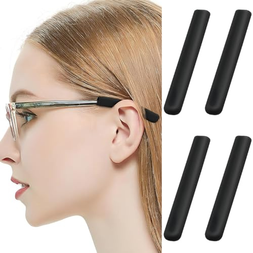 4pcs Eyeglass Ear Cushions, Silicone Eyeglass Ear Cushions Soft Anti Slip Temple Pads Eyeglass Temple Tips Eyeglass Pads Behind The Ear Eyewear Retainer Glasses Arm Sleeve for Glasses (Black)