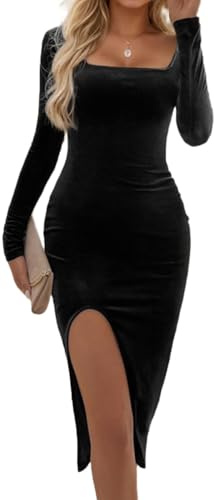 EMOTTOS Donna Vestito Midi Floccato, Vestito Casual Bodycon con Scollo a U e Fondo Diviso, Abiti a Eleganti per Uscire dal Club, Nero, L