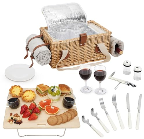 Picknickkorb-Set mit Mini-Klapptisch und Besteck-Set, Picknickkorb für 2 Personen mit kühltaschen, Flechtkorb mit Henkel, Weidenkorb Geschenkset für Picknick Camping Outdoor Party (Weiße Blume)