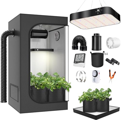 Growzelt Komplettset 120x120x200cm Grow Tent Kit mit 200W LED Vollspektrum Grow Lampe Dimmbar, GrowZelt Kit Komplettes Hydroponics Grow Tent Complete Set
