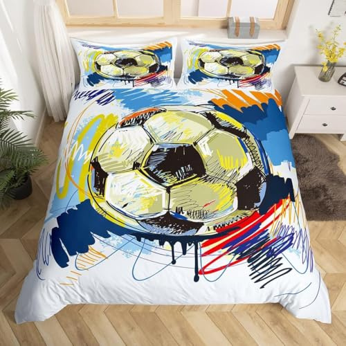PUOJIEAT Copripiumino Una Piazza e Mezza Calcio, Morbida Microfibra Biancheria da Letto Calcio Copripiumini 200x200 con 2 Federe 50x80 cm 3D Copripiumina Set w.70