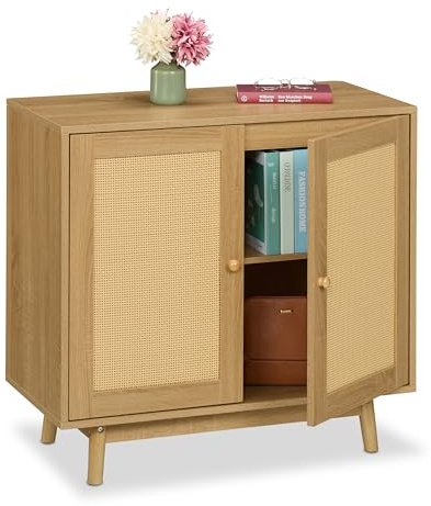 Relaxdays Sideboard, 2 Fächer, Rattan- & Holzoptik, HxBxT: 75 x 80 x 40 cm, Wohnzimmer, Küche, Beistellschrank, Natur | HxBxT: 75 x 80 x 40 cm, Wohnzimmer, Küche, Beistellschrank