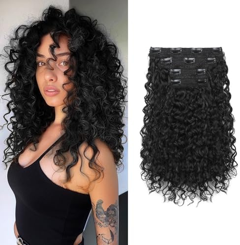 FLUFYMOOZ 4PC Clip in Hair Extensions, 14 Inch 100％ Pure Protein Silk Short Hairpiece Deep Curly Wavy Hair Extensions Clip in Natural Soft Hairpiece for Women-Black