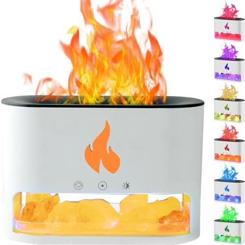 XUANHONG-TECH 3-in-1 Flame Humidifier, Essential Oil Diffuser 250ml, Salt Lamp with 7 Colour Lights, Cool Mist Humidifier with Auto Off Function, Timeable, Relaxing Diffuser for Home, Room (White)